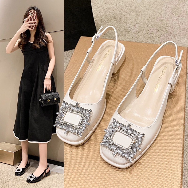 Giày Cao Gót Mũi Vuông Đính Đá Thời Trang Hàn Quốc Cho Nữ