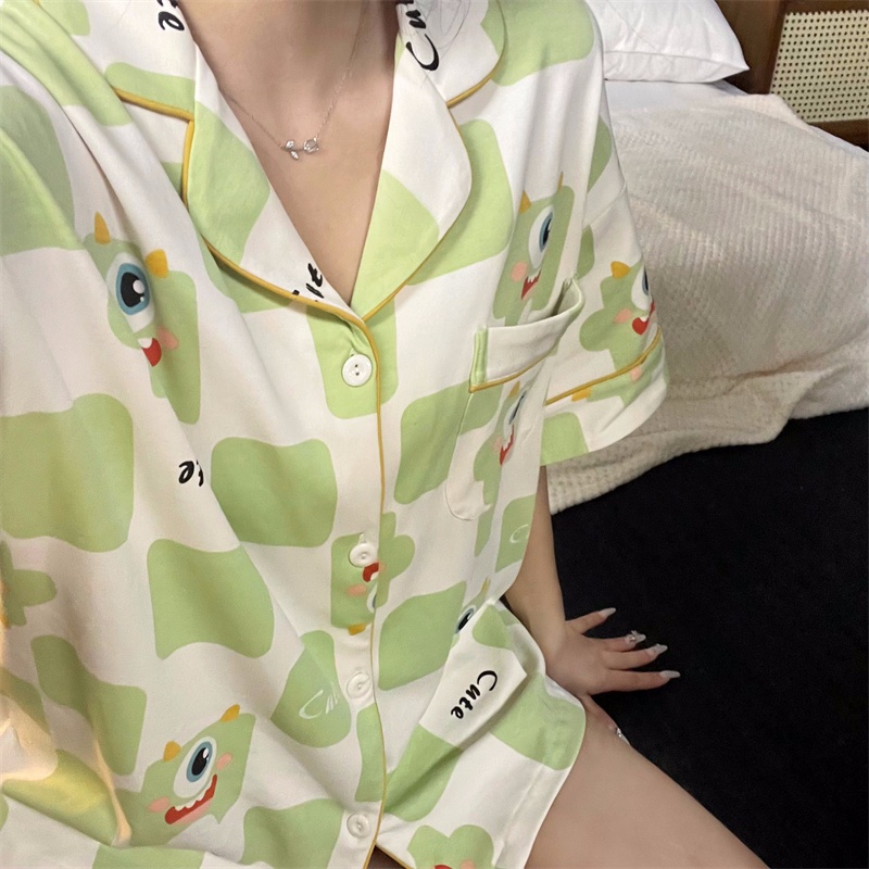 Bộ Đồ Ngủ Hai Mảnh In Họa Tiết Hoạt Hình Dễ Thương Phong Cách Hàn Quốc Thời Trang Mùa Hè Cho Bạn Gái