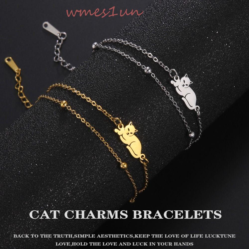 Vòng Tay Mặt Hình Mèo Bằng Thép Không Gỉ Dễ Thương Ngọt Ngào WMES15H