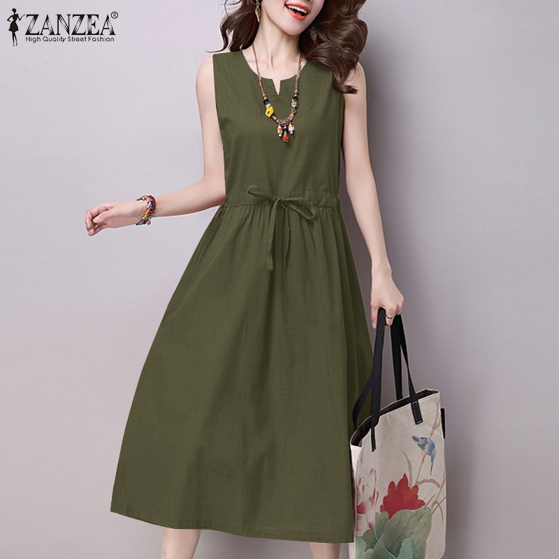 Zanzea Đầm Chữ A Không Tay Cổ Tròn Xẻ Tà Thời Trang Hàn Quốc Cho Nữ