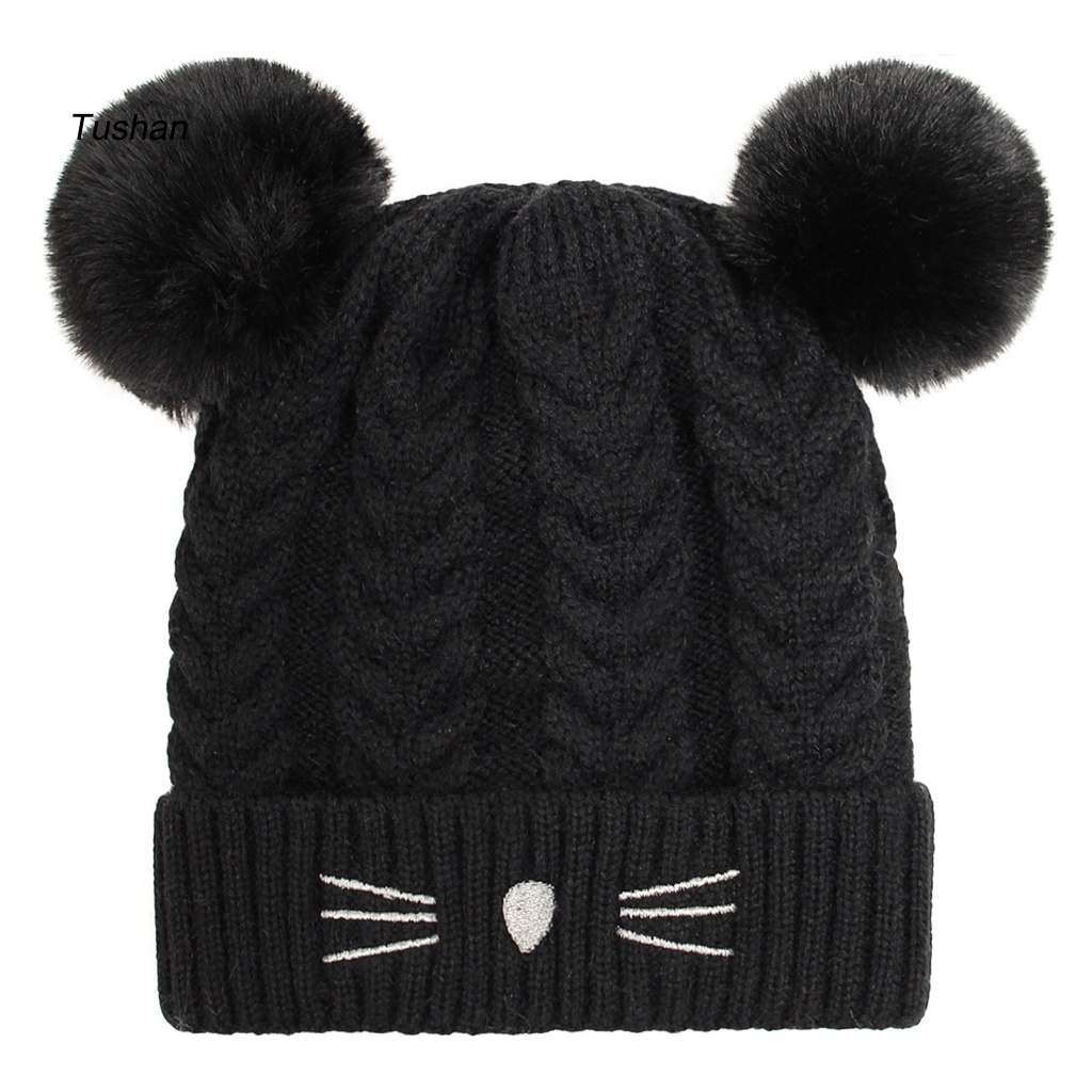 Mũ Beanie Dày Dặn Đính Hai Quả Bông Họa Tiết Hoạt Hình Dễ Thương Cho Bé Gái