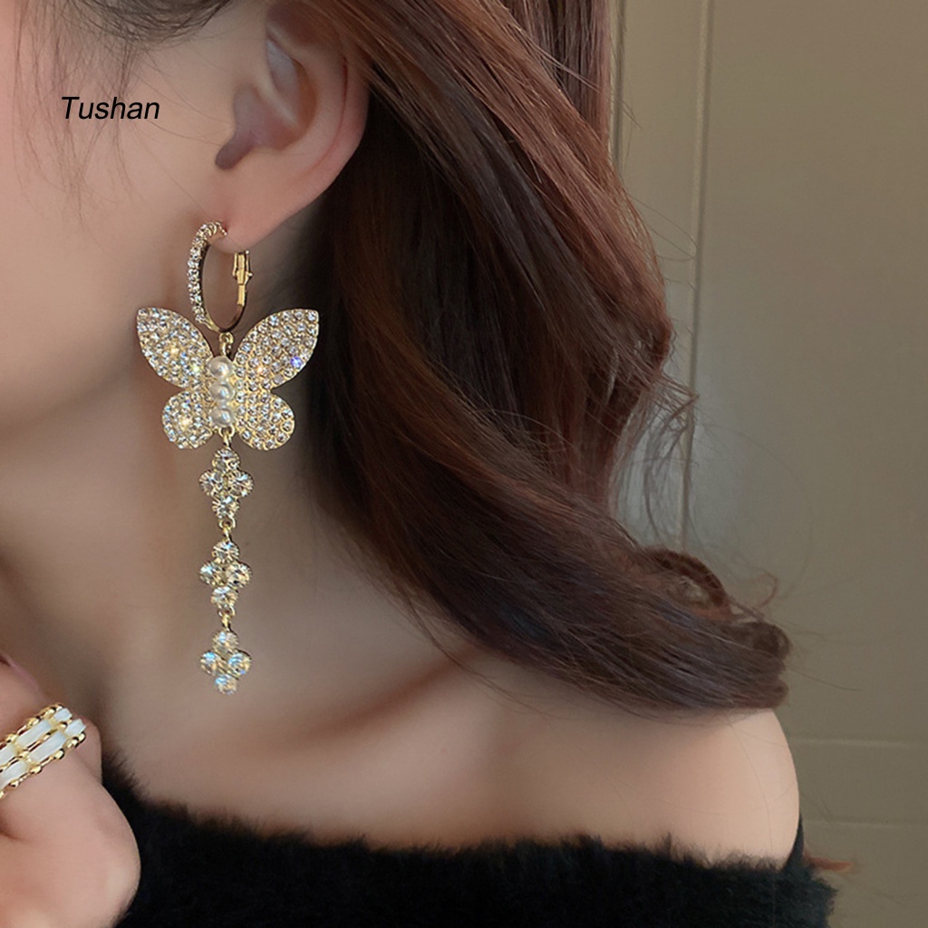 1 Đôi Bông Tai Móc Hình Bướm Đính Ngọc Trai Nhân Tạo Lấp Lánh Dành Cho Nữ