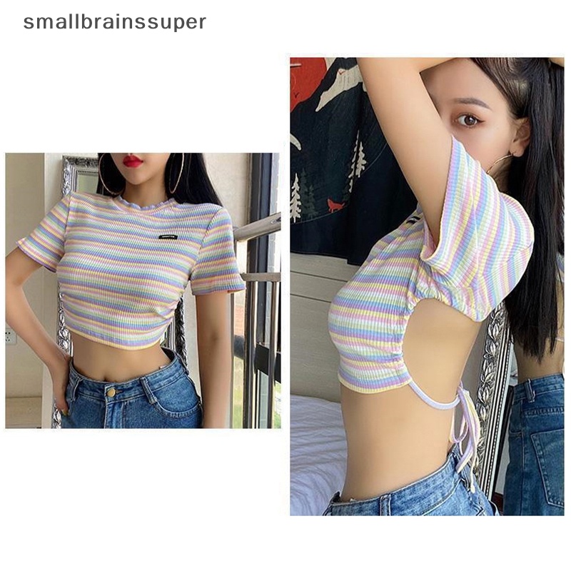Áo Thun Lửng Tay Ngắn Cổ Tròn Họa Tiết Kẻ Sọc Hở Lưng Thời Trang Mùa Hè Quyến Rũ Cho Nữ SBS