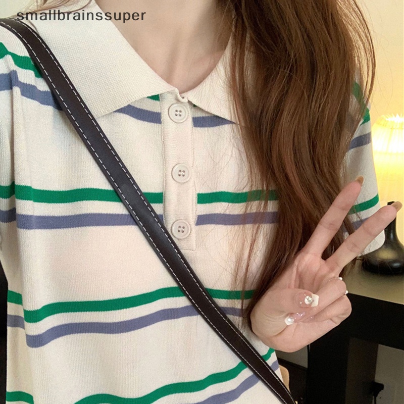 Đầm Tay Ngắn Cổ Bẻ Họa Tiết Kẻ Sọc Thời Trang Mùa Hè Xinh Xắn Cho Nữ