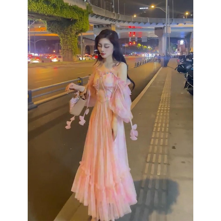 Đầm chiffon Hở Vai Dáng Ôm In Họa Tiết Ren Màu Hồng Phong Cách Pháp Tinh Tế Thời Trang Cao Cấp Cho Nữ