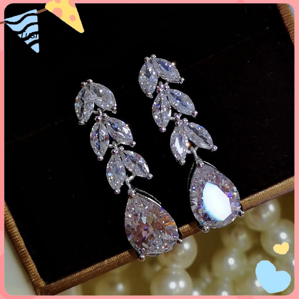 1 Đôi Bông Tai Hình Chiếc Lá Đính Đá Zircon Dành Cho Cô Dâu