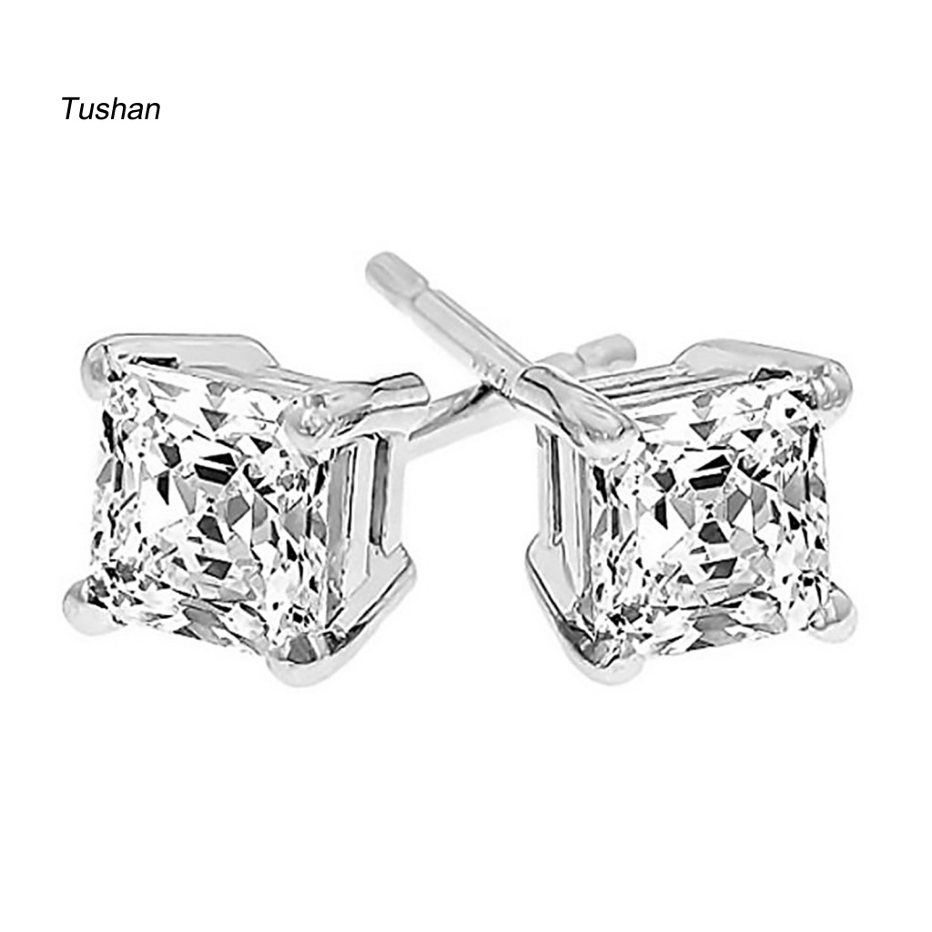 1 Đôi Bông Tai Mạ Bạc Đính Đá Zircon Hình Vuông Thanh Lịch Dành Cho Nữ