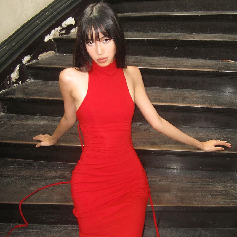 Đầm Đuôi Cá Sát Nách Hở Lưng Thanh Lịch hậu môn Cổ áo cao Áo dài Maxi