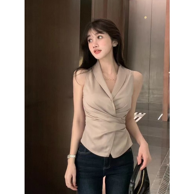 Áo Sơ Mi Không Tay Cổ Chữ V Thời Trang Mùa Hè Phong Cách Pháp Cho Nữ