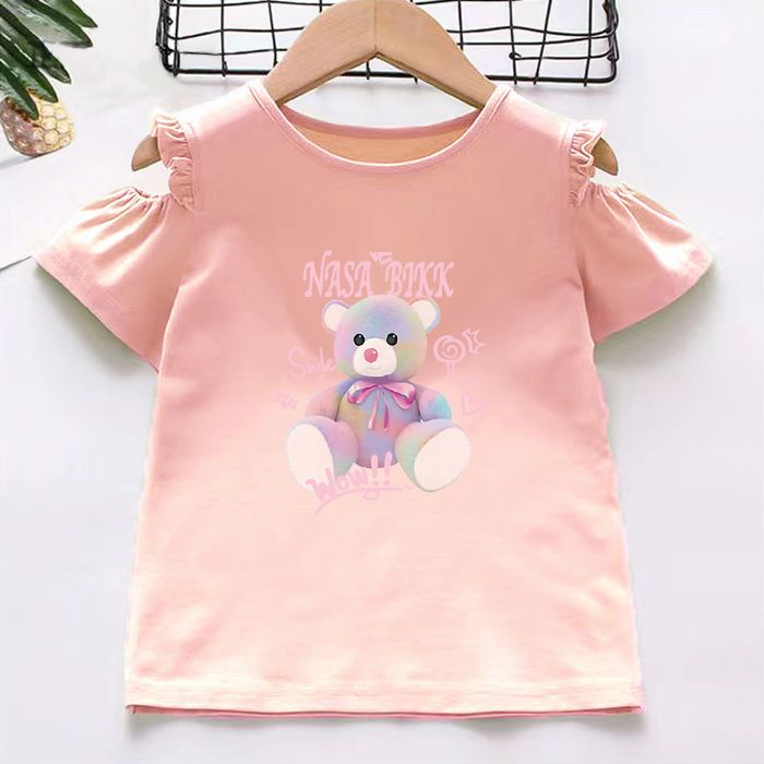 Áo Thun Mỏng Mùa Hè Tay Cộc Hở Vai Có Sẵn Cho Bé Gái