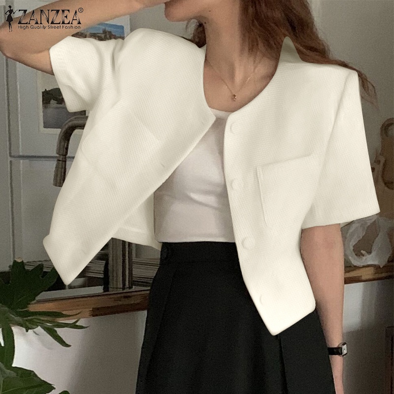 Zanzea Áo Khoác Nữ Ngắn Tay Cổ Tròn Có Túi Thời Trang Hàn