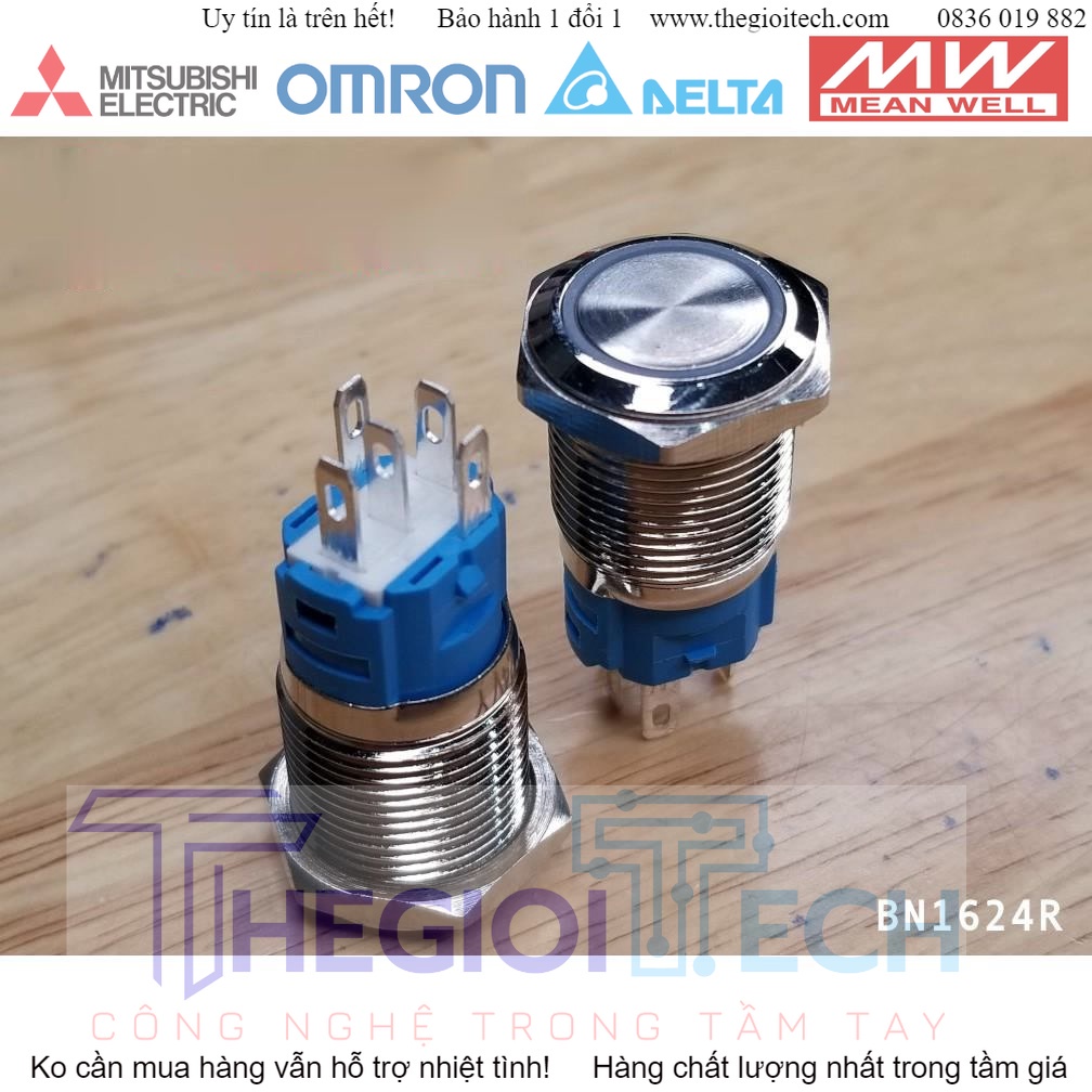 Công tắc nút nhấn giữ vỏ kim loại phi 16mm, điện áp 24V, chống thấm nước, đèn hình tròn - Đỏ