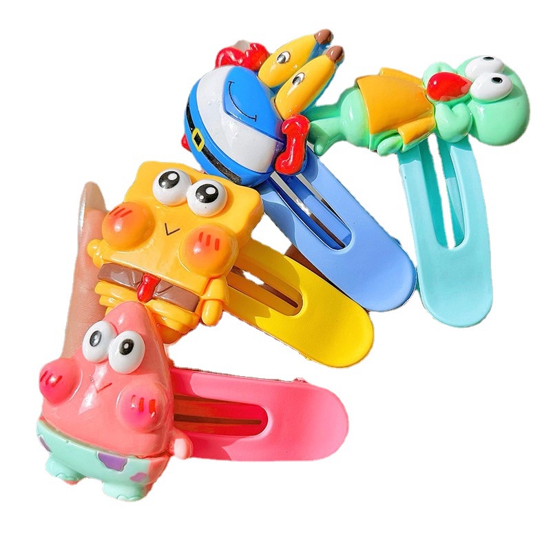 Kẹp Tóc Hình Vuông Họa Tiết Spongebob / Ngôi Sao / Vịt Hoạt Hình Dễ Thương Cho Bé Gái
