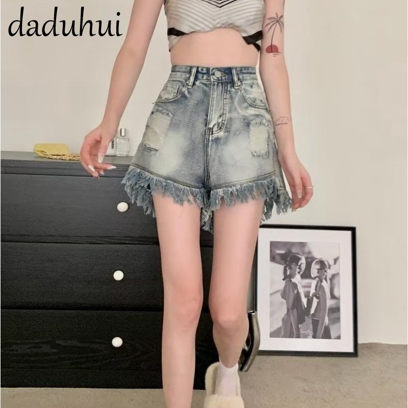 Daduhui New American Style Ins Street Ripped Denim Shorts High Waist Niche Raw Edge Thin A Word Hot Pants
