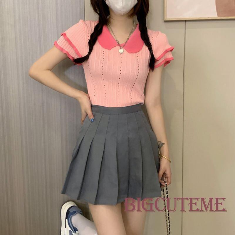 Áo Dệt Kim Tay Ngắn Cổ Búp Bê Màu Sắc Tương Phản Thời Trang Cho Nữ