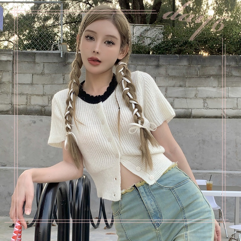 Áo Croptop Dệt Kim Tay Ngắn Cổ Tròn Màu Sắc Tương Phản Ngọt Ngào Thời Trang Cho Nữ