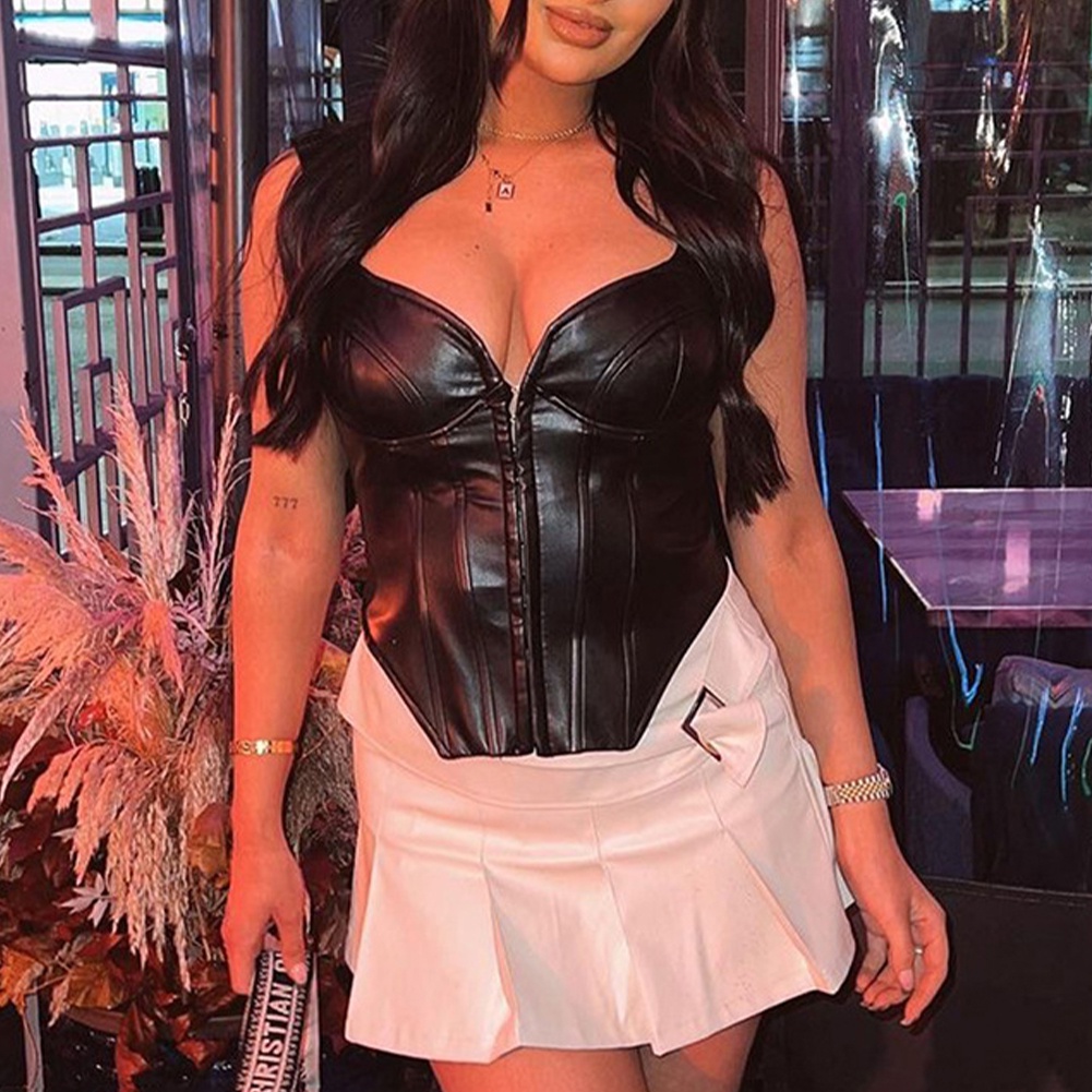 Áo Thun Nữ Da PU Không Tay Dáng Ôm Gợi Cảm