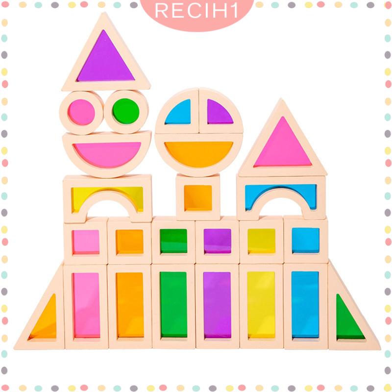 Bộ 25 Khối Gỗ Xây Dựng Hình Học Màu Cầu Vồng Dành Cho Trẻ Em 3-5 Tuổi
