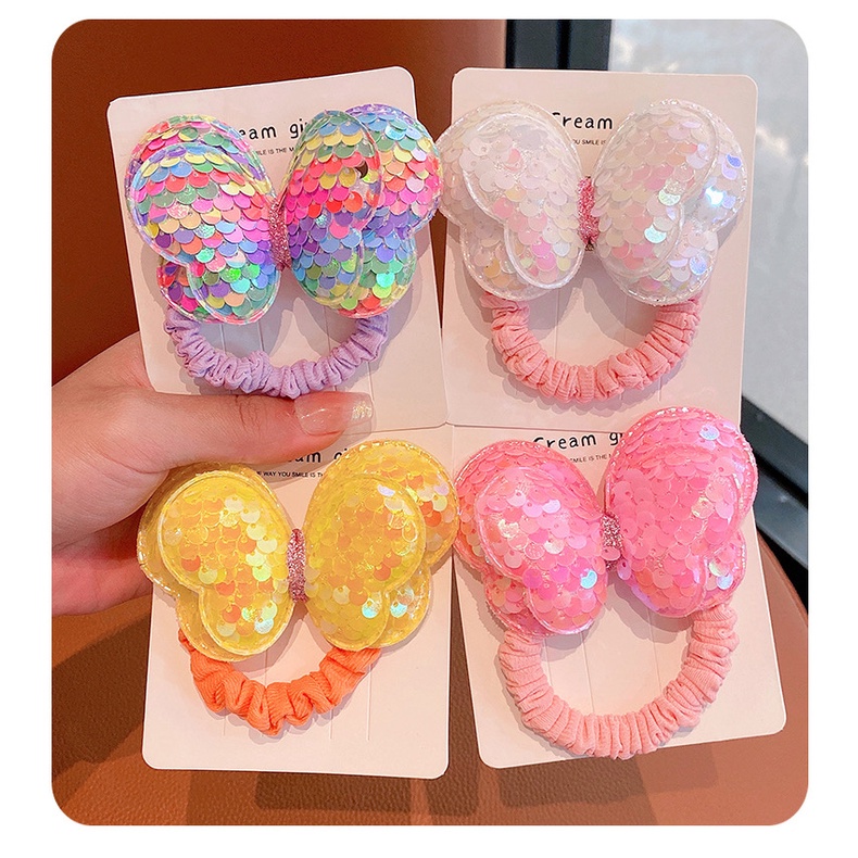 Dây Cột Tóc Cao Su Đính Sequin Hình Bướm Dễ Thương Không Đau Cho Bé Gái