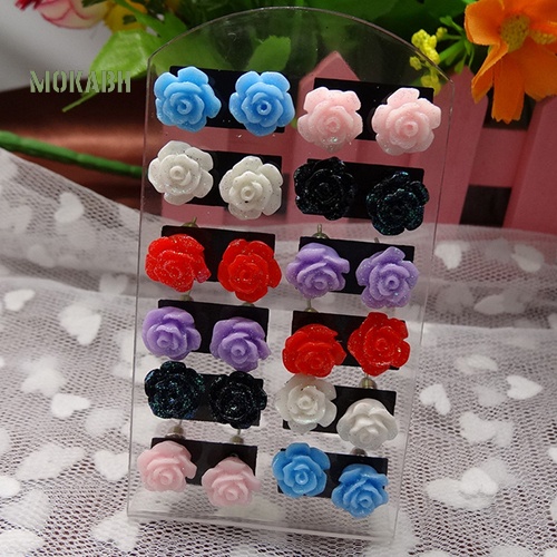 Set 12 Đôi Bông Tai Hoa Hồng Nhiều Màu Thời Trang
