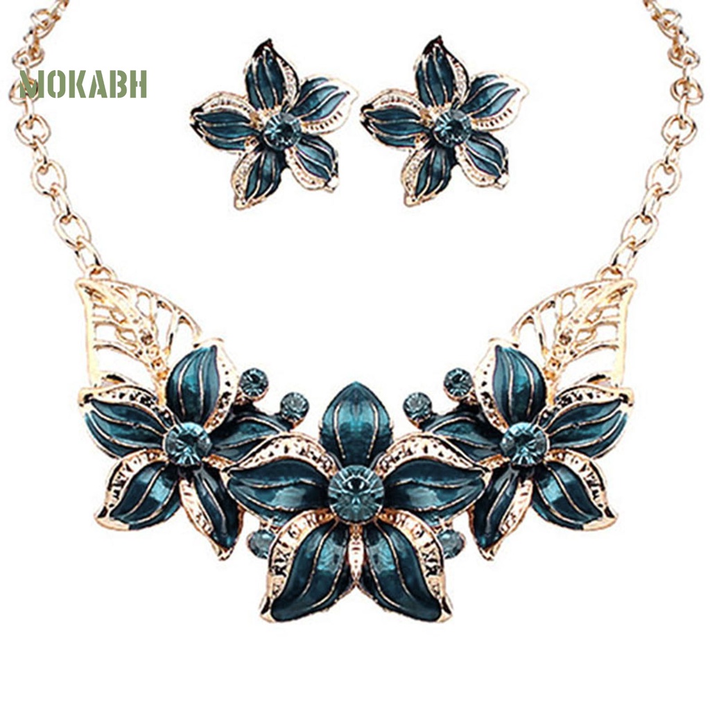 Bộ Vòng cổ + Bông Tai Đính Đá Hình Hoa Thời Trang Cho Nữ