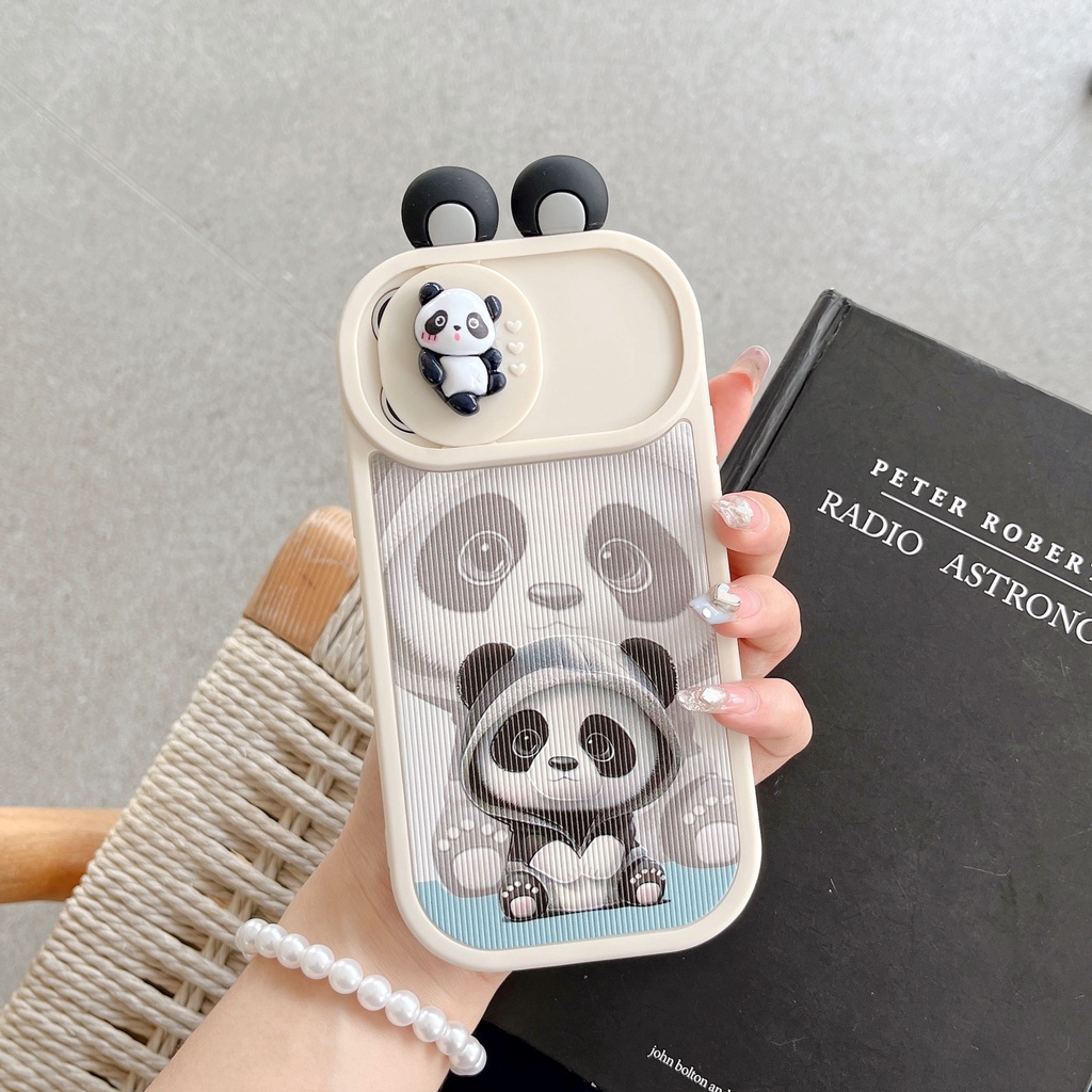 Ốp Điện Thoại TPU Silicon Mềm Chống Sốc Có Nắp Trượt Bảo Vệ Camera In Hình Gấu Trúc 3D Cho iPhone 13 12 11 Pro Max 14 Plus