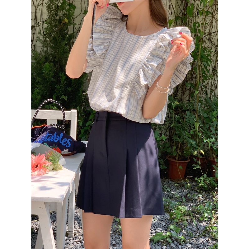 SUXI Áo Sơ Mi Tay Loe Ngắn Cổ Thuyền Phong Cách Vintage Hàn Quốc Ngọt Ngào