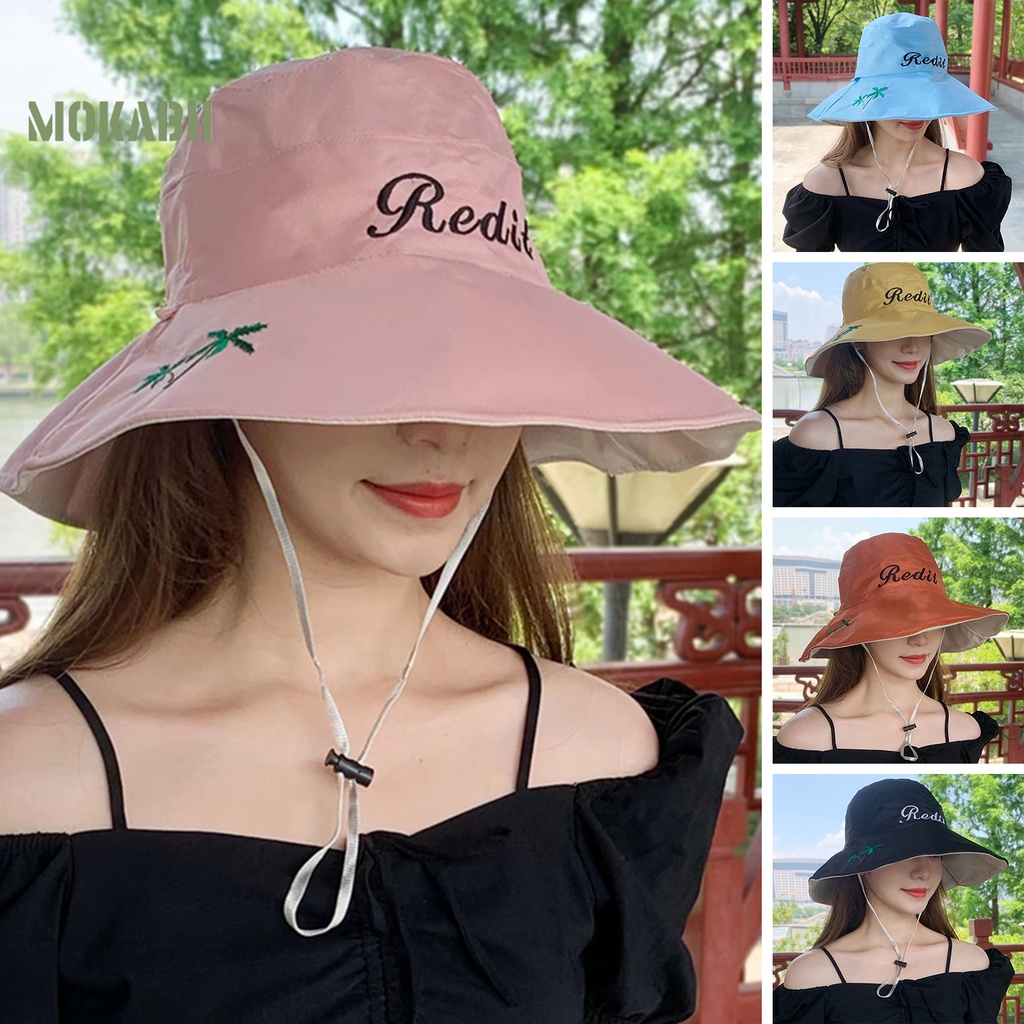 [Mok Abh] Nón Vành Tròn Dây Rút In Họa Tiết Cây Cối Và Chữ Cái Cho Nữ