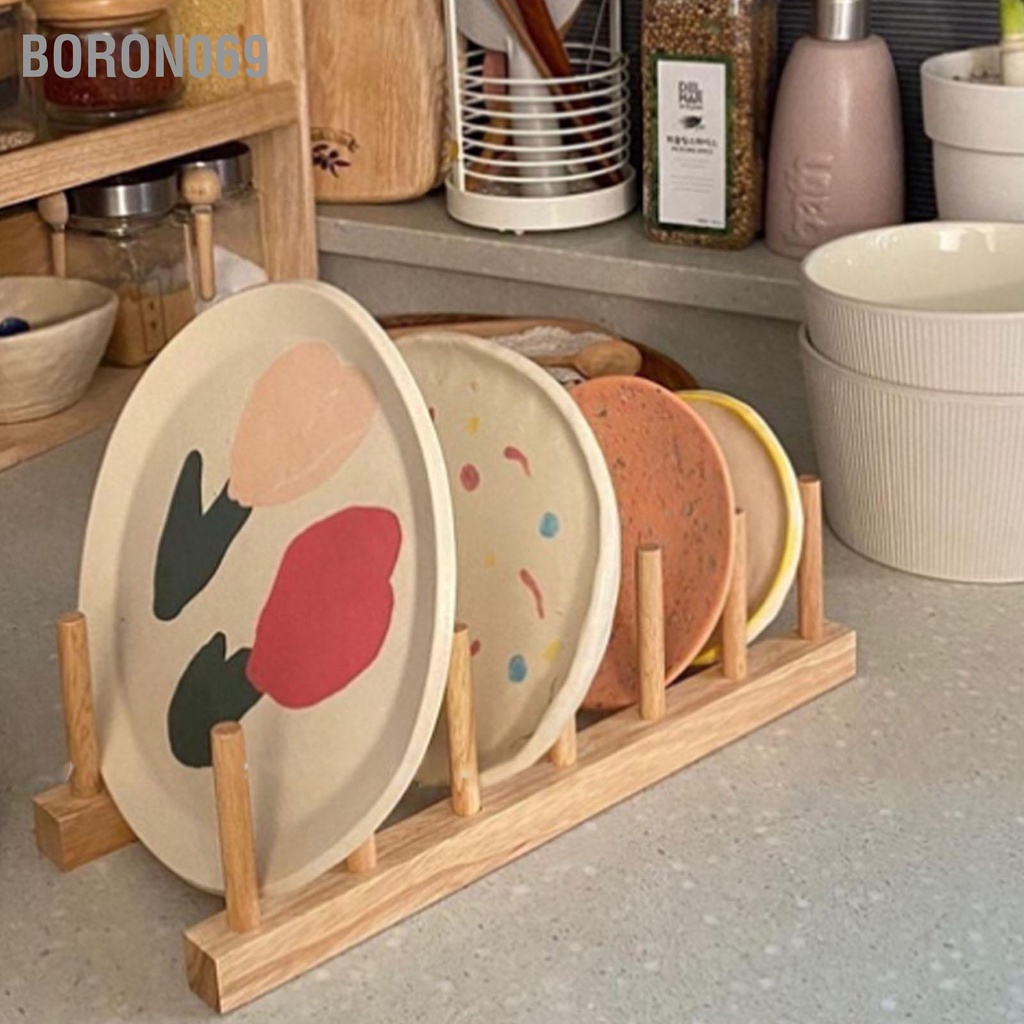 Boron069 Giá Phơi Bát Đĩa Gỗ Dọc 6 Lưới Bằng Thông Có Đế Chắc Chắn Cho Thớt Cốc