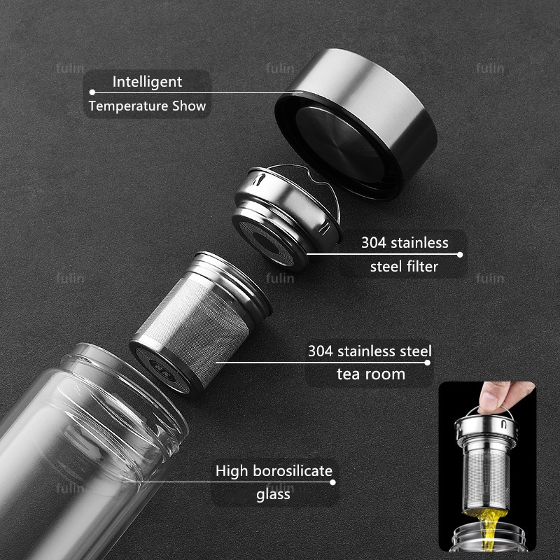 Bình Nước Thủy Tinh Hai Lớp Có Màn Hình LED Hiển Thị Nhiệt Độ