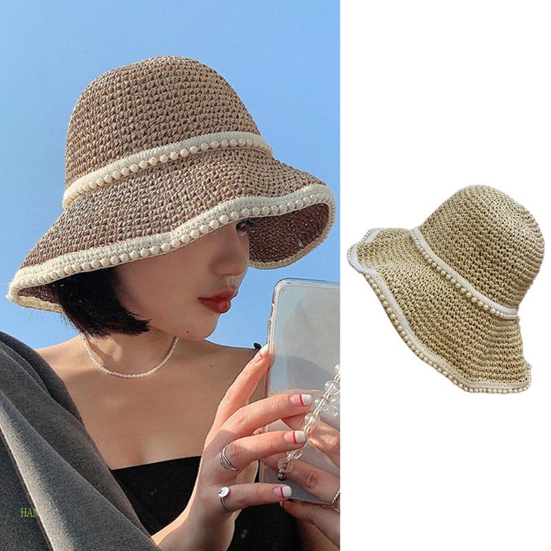 Han Chic Mũ Rơm Chống Nắng Đính Hạt Ngọc Trai Gấp Gọn Được Cho Đi Du Lịch Bãi Biển Giảm Tia UV Harm