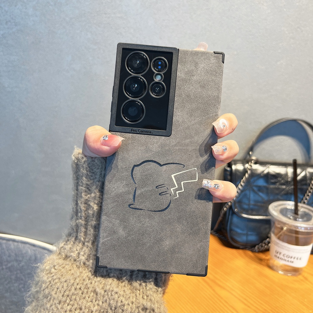 Ốp Samsung Galaxy S23 Ultra S22 Ultra Điện Thoại Da Lộn Họa Tiết Pikachu Có Ngăn Đựng camera Và Dây Đeo Cho