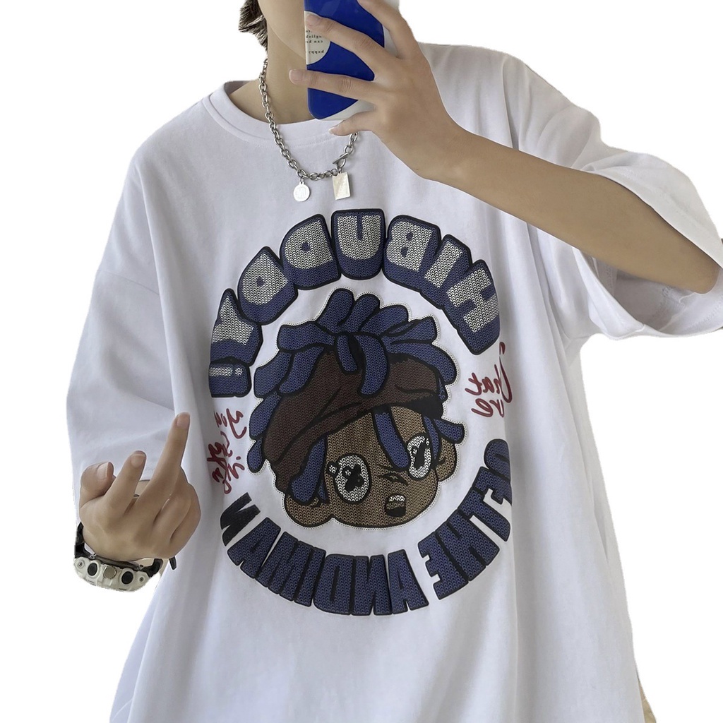 Áo phông phim hoạt hình hip-hop ngắn tay áo phông rộng tay lỡ