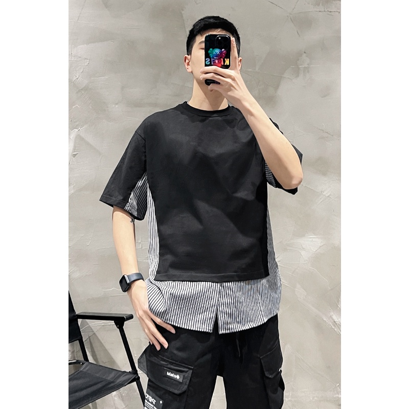 Áo Thun Nam Tay Ngắn Giả Hai Lớp Họa Tiết Sọc Ngang Thời Trang