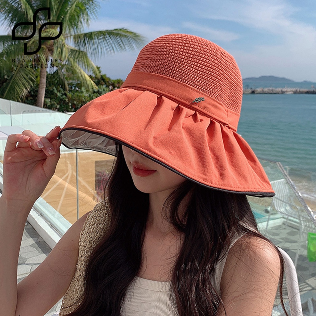 Nón Tai Bèo Rộng Vành Dệt Kim Thoáng Khí Mềm Mại Phối Màu Tương Phản Thời Trang Đi Biển Mùa Hè Cho Nữ