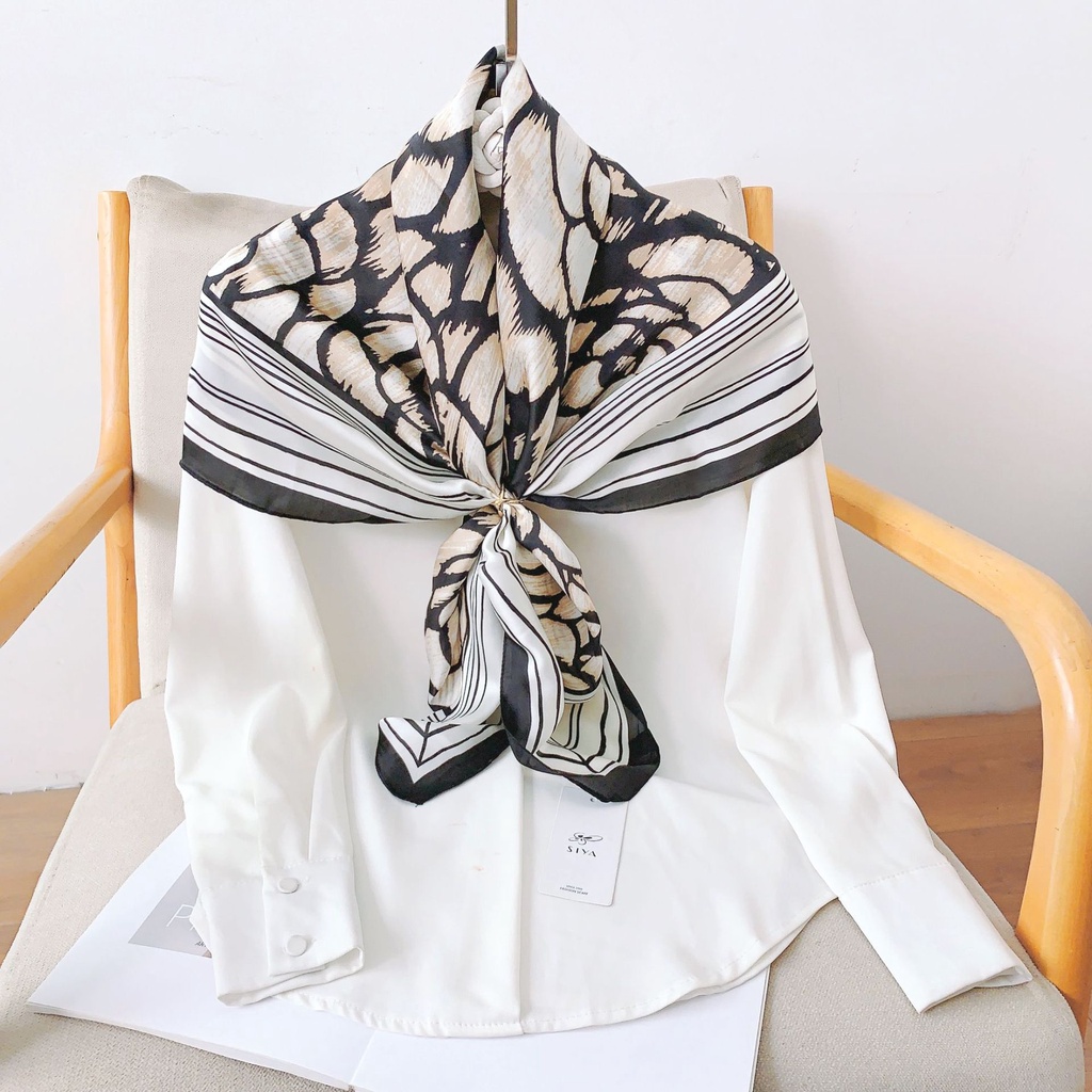 Khăn Choàng Lụa Mỏng Hình Vuông 90 * 90cm In Họa Tiết Hoa Trà Đen Trắng Thời Trang Mùa Hè Cho Nữ