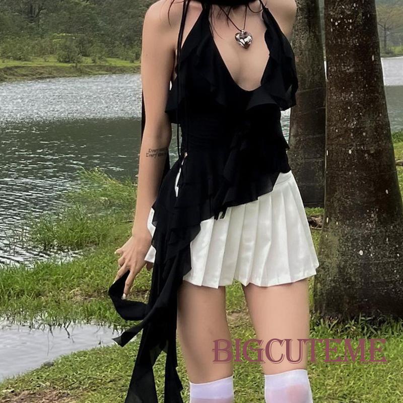 [] Áo Cổ Chữ V Hở Lưng Phối Tua Rua + Khăn Choàng Cổ Mùa Hè Đường Phố Cho Nữ