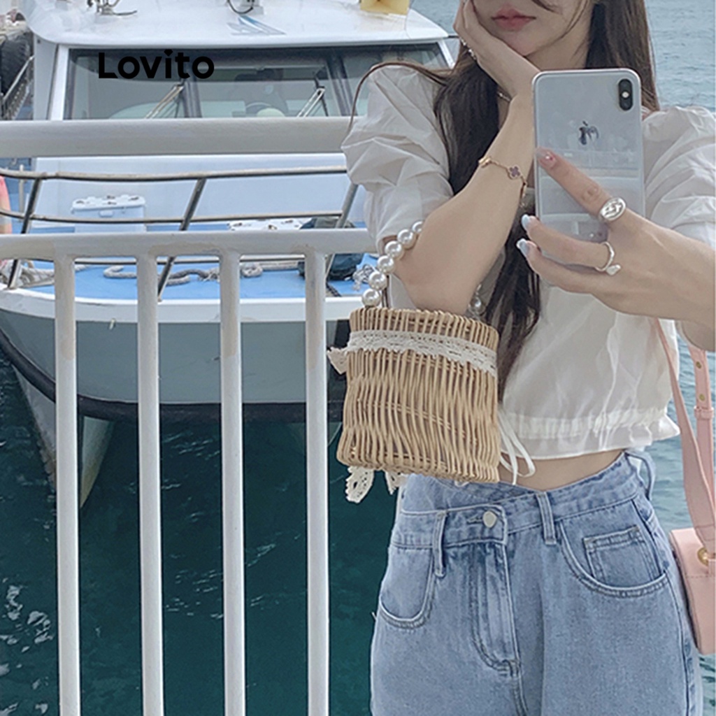 Lovito Áo crop top tay phồng trơn thanh lịch cho nữ LNE10046 (Trắng)