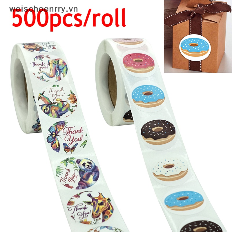 Bộ 500 Miếng Dán Hình Bánh Donut In Chữ Thank You Độc Đáo Dùng Trang Trí Hộp Quà