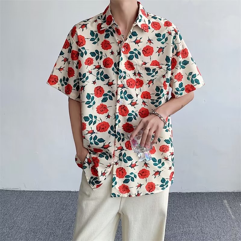 Áo Sơ Mi Ngắn Tay Dáng Rộng In Họa Tiết Hoa Thời Trang Harajuku Nhật Bản Cho Nam