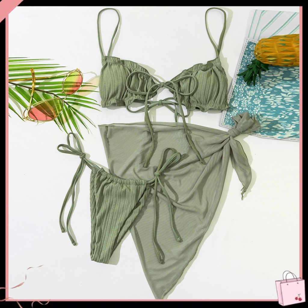 {Soltweter} Set 3 Món Đồ Bơi Bikini Không Gọng Xếp Ly Có Đệm Ngực Và Quần Lót Lưng Thấp Đi Biển