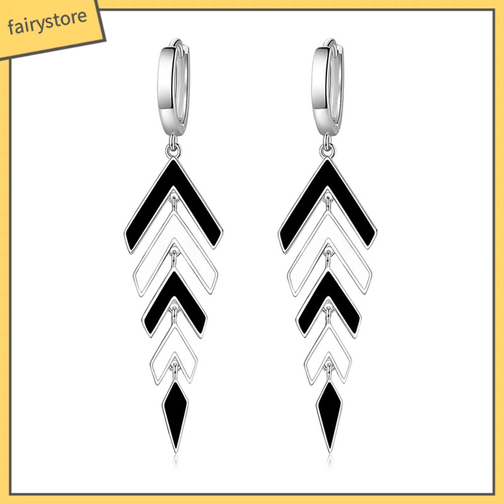 1 Đôi Bông Tai Hình Học Dáng Dài Màu Trắng Đen Phong Cách Retro