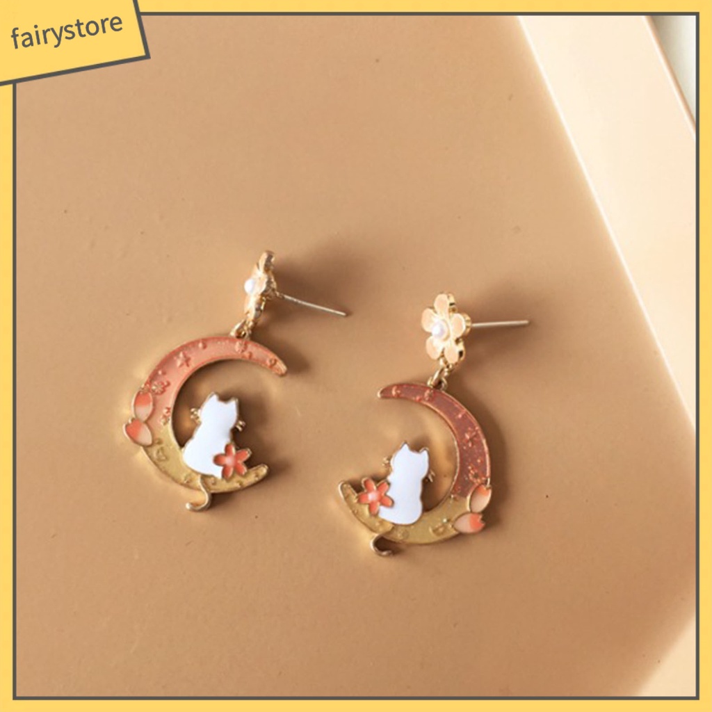 1 Đôi Bông Tai Xỏ Lỗ Mạ Điện Họa Tiết Hoa / Mặt Trăng / Thỏ / Hình Học Đơn Giản Thời Trang Dành Cho Nữ