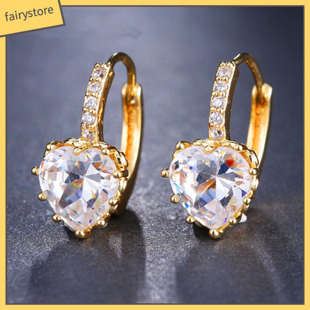 1 Đôi Bông Tai Tròn Đính Đá Zircon Hình Trái Tim Sang Trọng