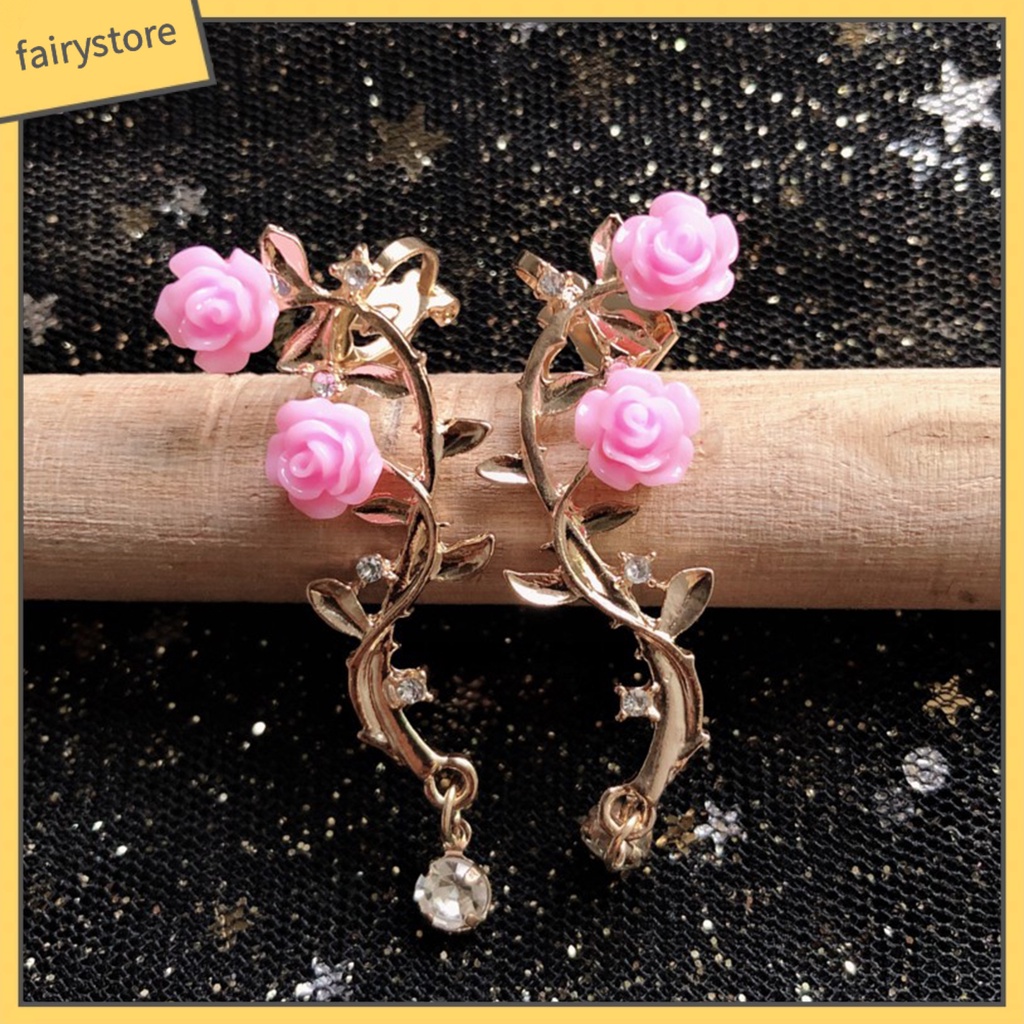 1 Đôi Khuyên Kẹp Vành Tai Hình Hoa Hồng Đính Đá Lấp Lánh