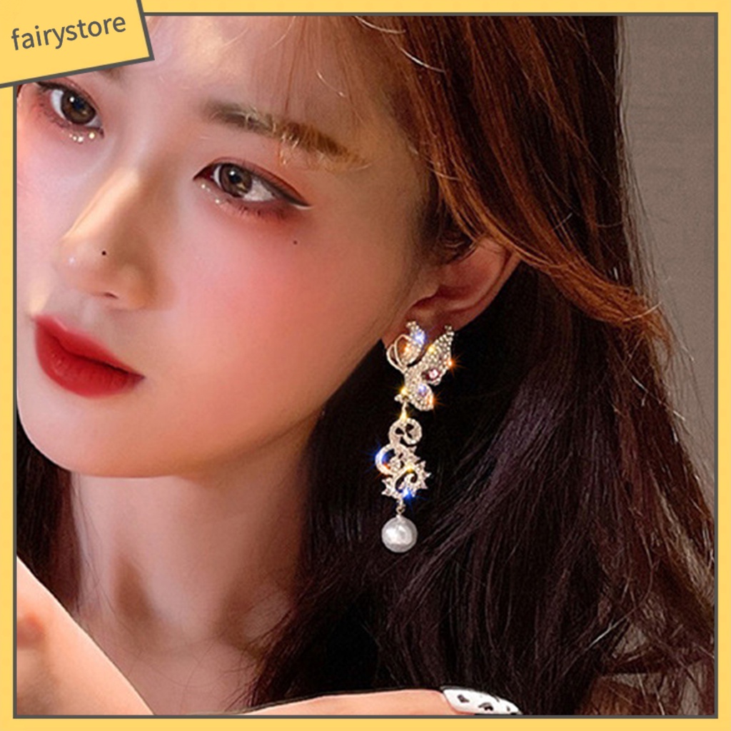 1 Đôi Bông Tai Thả Hình Bướm Rỗng Đính Ngọc Trai Sáng Bóng Dành Cho Nữ