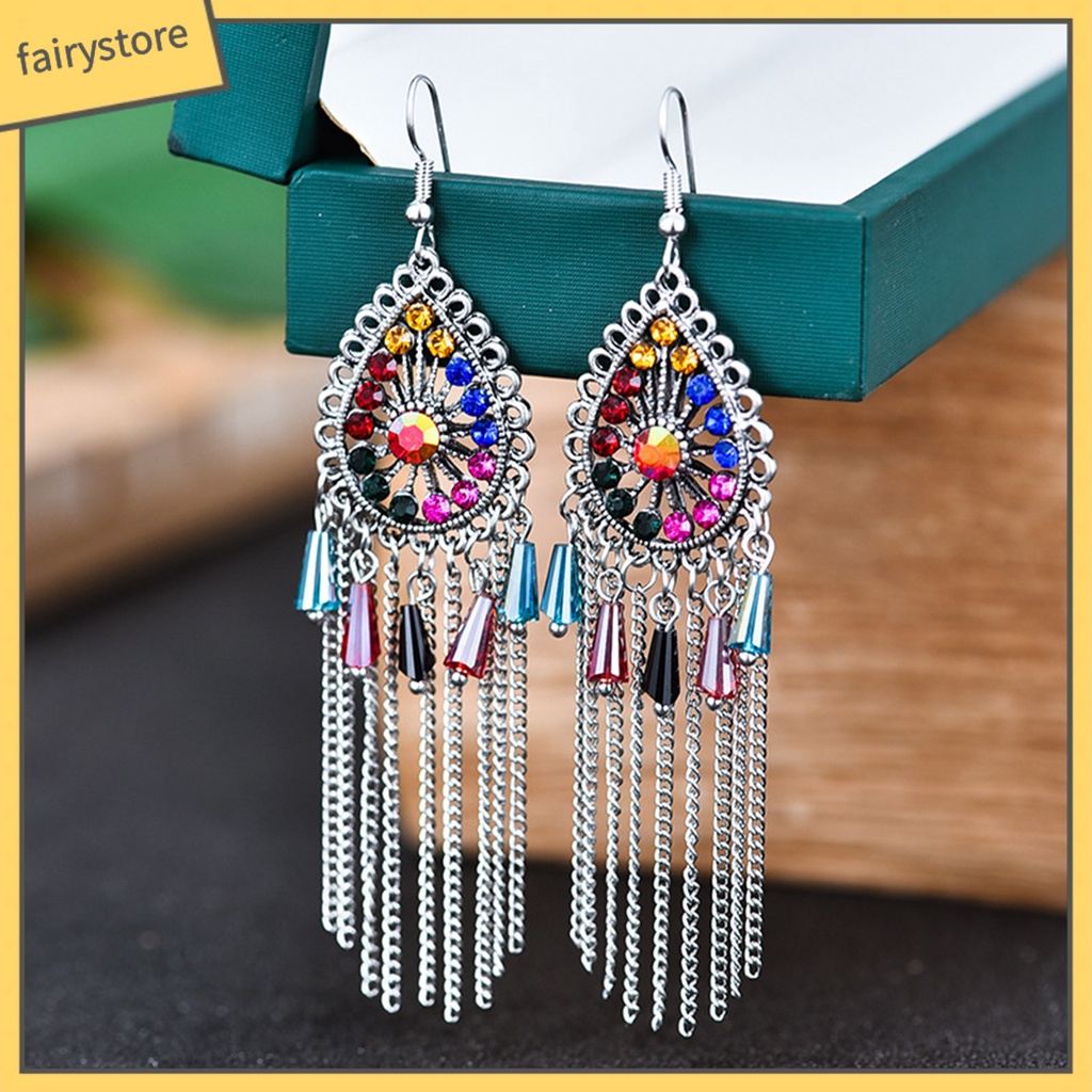 1 Đôi Bông Tai Hình Giọt Nước Đính Đá Phối Tua Rua Phong Cách Vintage