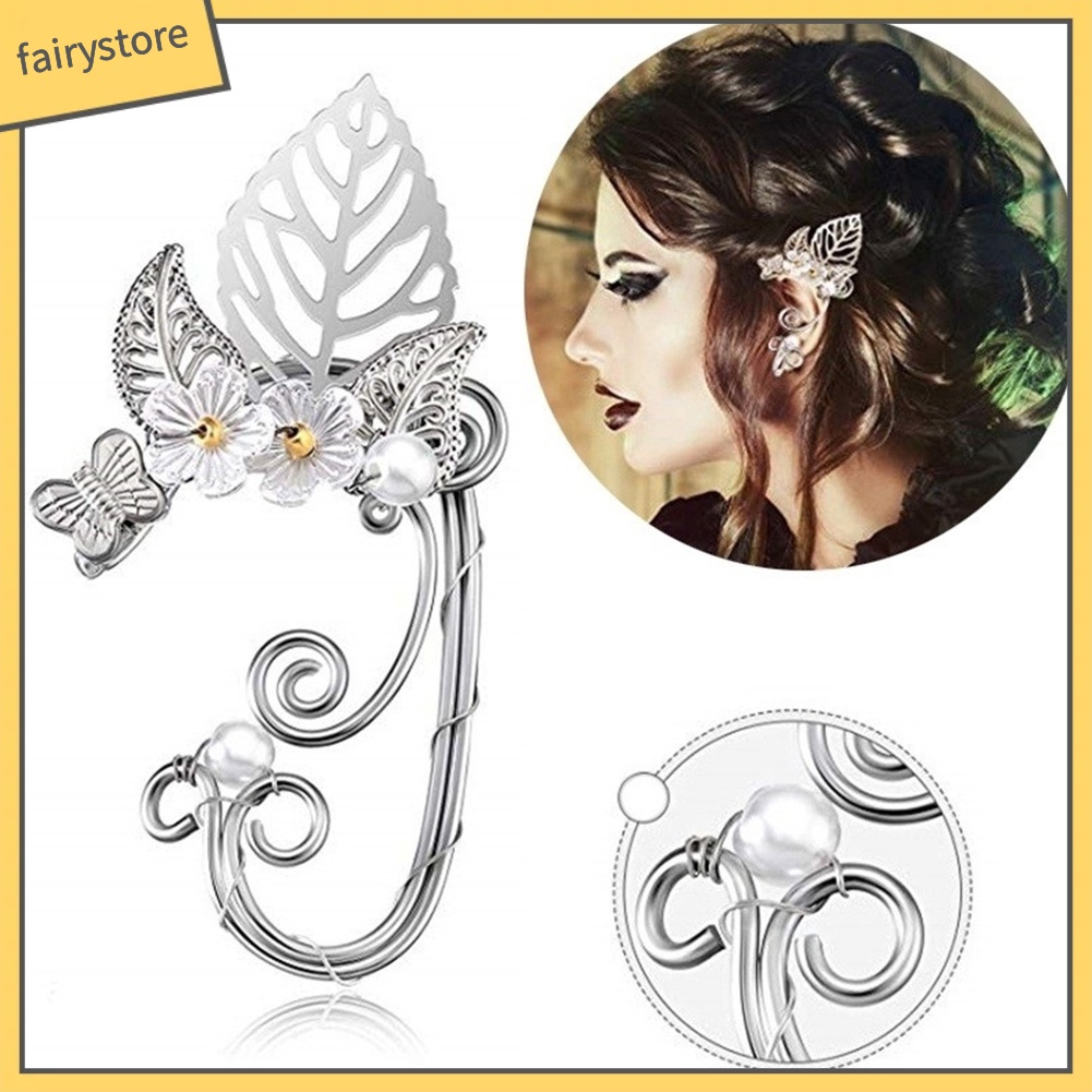 1 Khuyên Vành Tai Hình Hoa Lá Đính Ngọc Trai Nhân Tạo Thời Trang