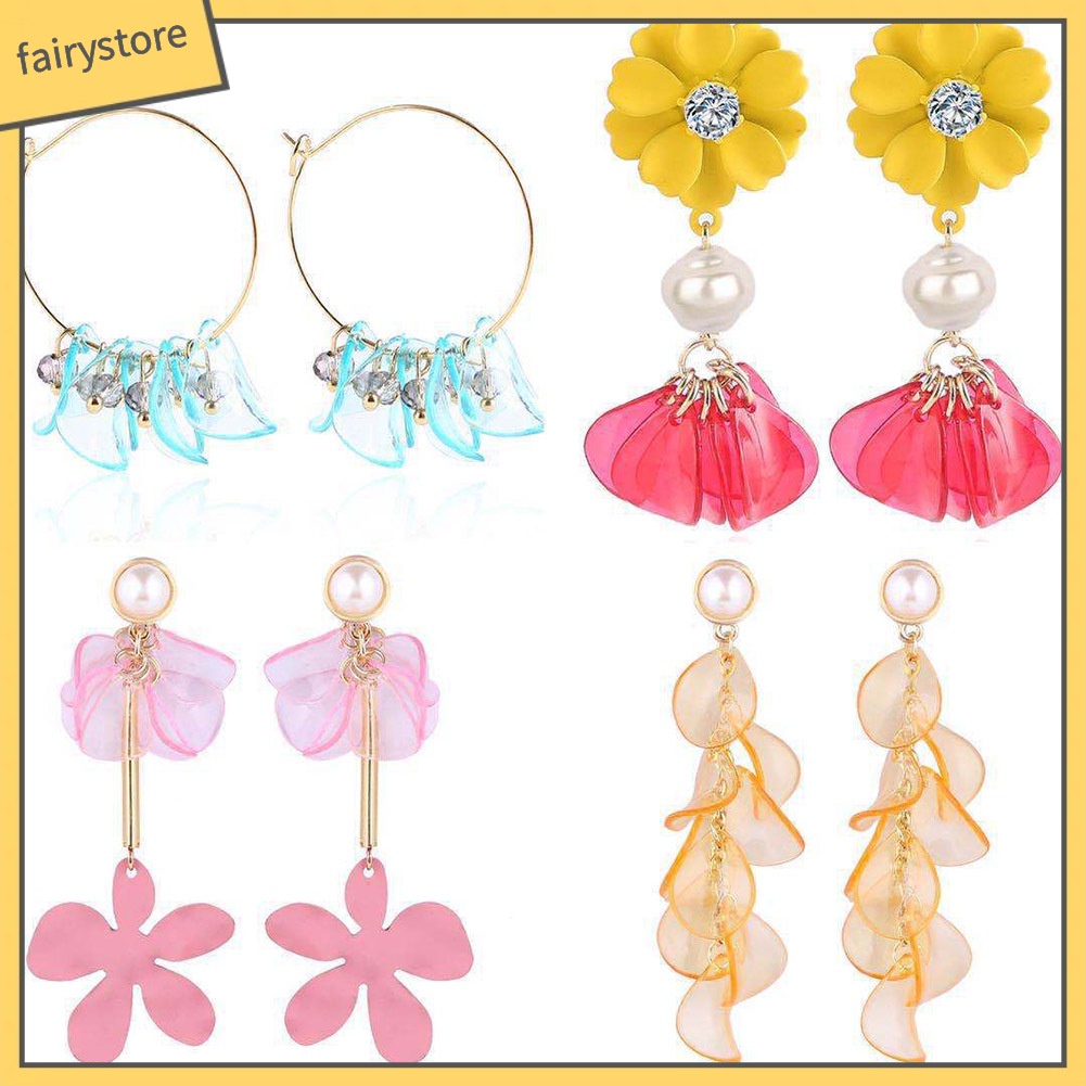 Bông Tai Dáng Dài Hình Cánh Hoa Bằng Nhựa Resin Phối Tua Rua Thanh Lịch Cho Nữ