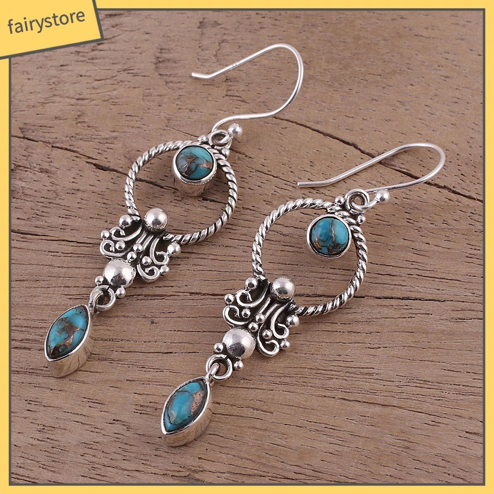 Bông Tai Đính Đá Ngọc Lam Giả Thiết Kế Móc Treo Phong Cách Vintage Dành Cho Nữ